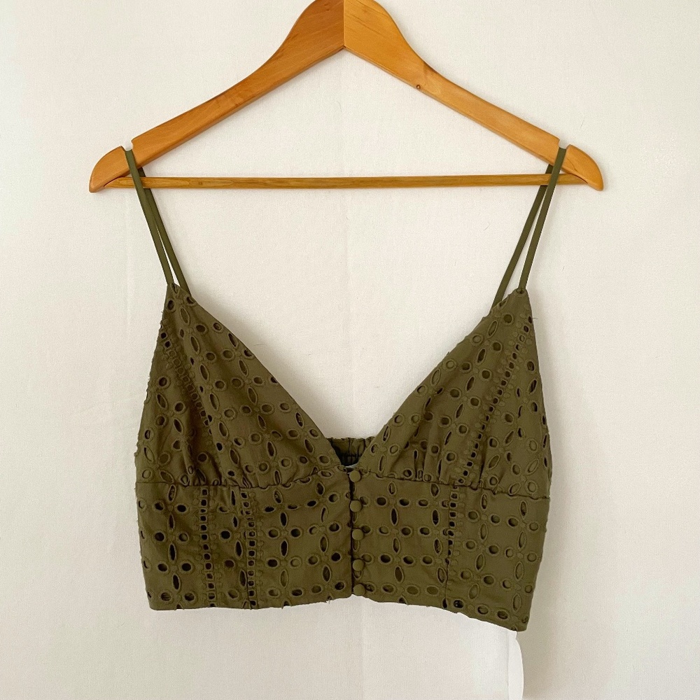 BAR III Large Eyelet Forest Green Lined Bralette Smocked Back Adjustable Straps